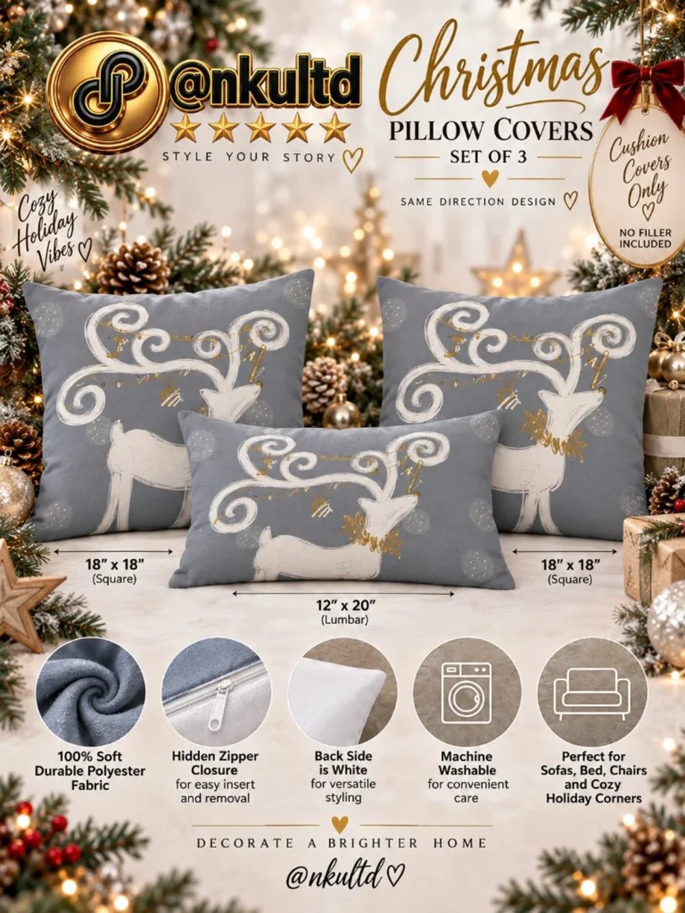 Christmas Throw Pillow Cover Set of 3 Whimsical Reindeer Gray Gold 18x18 Lumbar